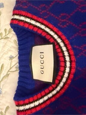 Gucci Royal Blue Knit Sweater with Red and White Trim